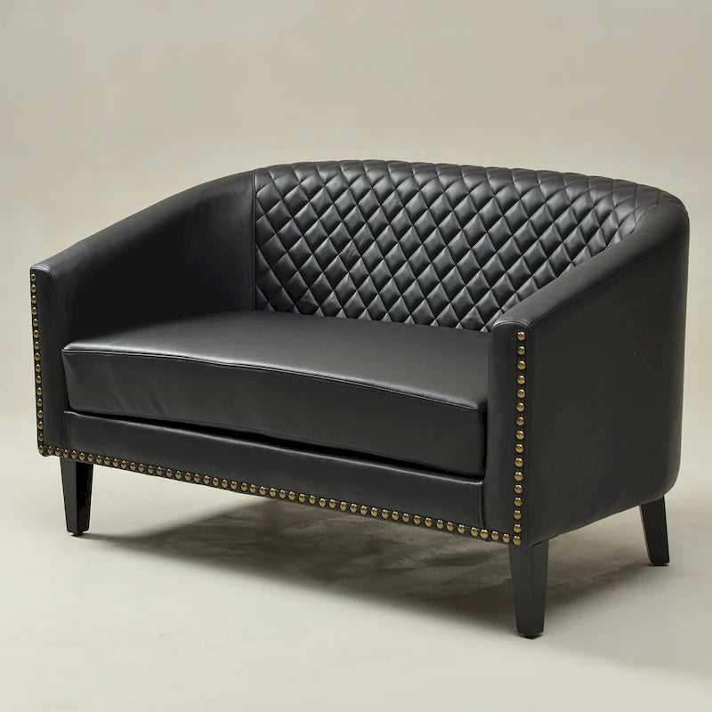 Causeuse touffetée en simili-cuir en forme de tonneau de 50" avec rivets en laiton