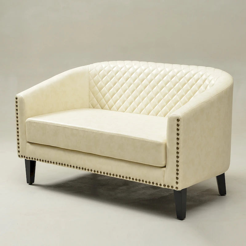 Causeuse touffetée en simili-cuir en forme de tonneau de 50" avec rivets en laiton