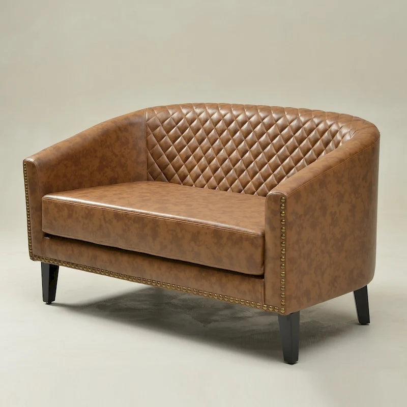 Causeuse touffetée en simili-cuir en forme de tonneau de 50" avec rivets en laiton