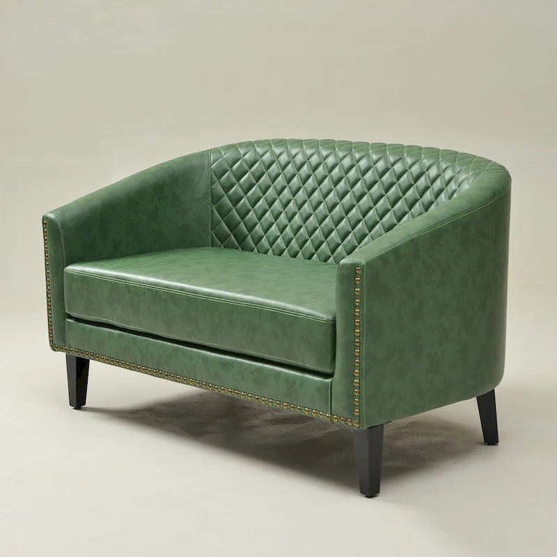 Causeuse touffetée en simili-cuir en forme de tonneau de 50" avec rivets en laiton