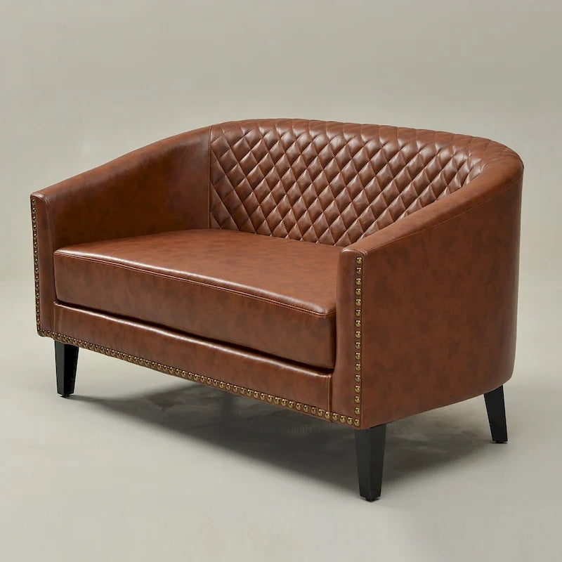 Causeuse touffetée en simili-cuir en forme de tonneau de 50" avec rivets en laiton