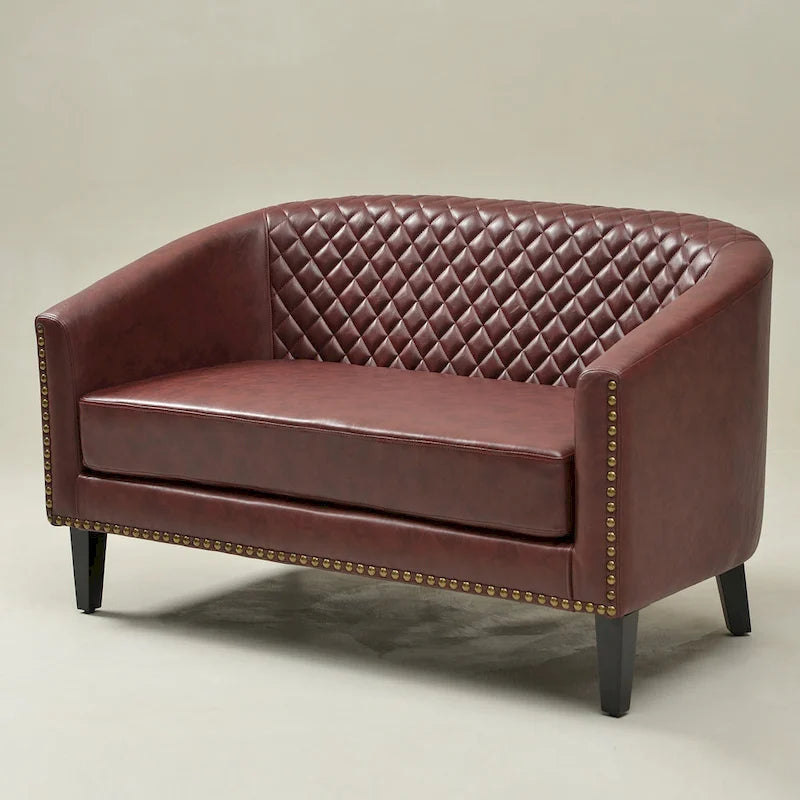 Causeuse touffetée en simili-cuir en forme de tonneau de 50" avec rivets en laiton