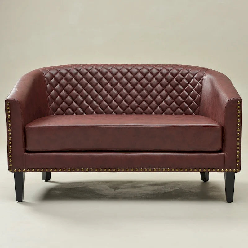 Causeuse touffetée en simili-cuir en forme de tonneau de 50" avec rivets en laiton