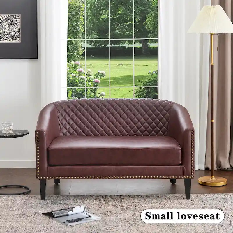 Causeuse touffetée en simili-cuir en forme de tonneau de 50" avec rivets en laiton