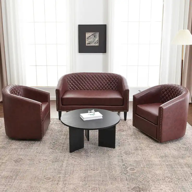 Causeuse touffetée en simili-cuir en forme de tonneau de 50" avec rivets en laiton