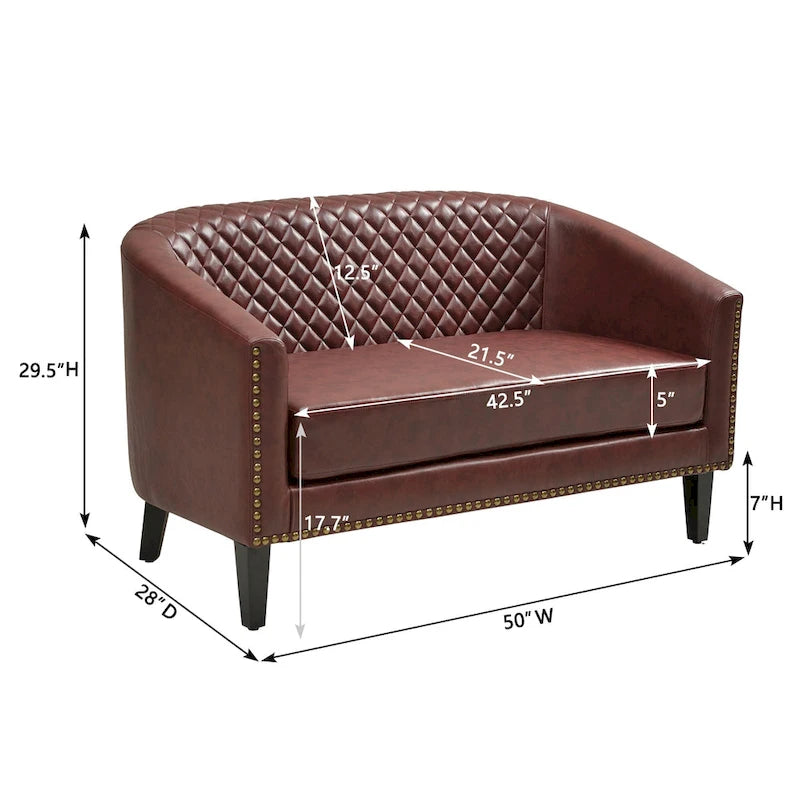 Causeuse touffetée en simili-cuir en forme de tonneau de 50" avec rivets en laiton