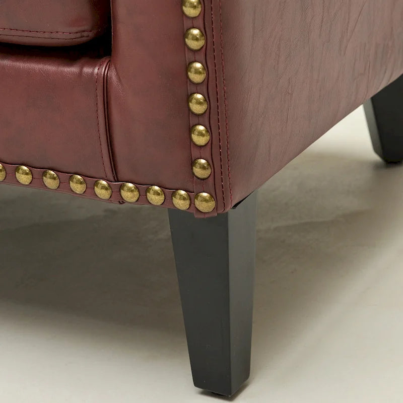 Causeuse touffetée en simili-cuir en forme de tonneau de 50" avec rivets en laiton