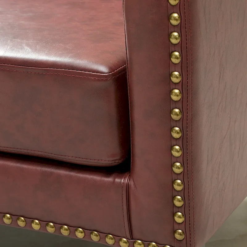 Causeuse touffetée en simili-cuir en forme de tonneau de 50" avec rivets en laiton