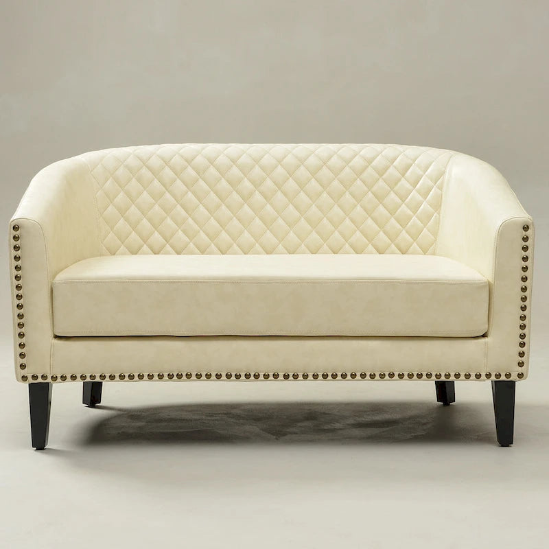 Causeuse touffetée en simili-cuir en forme de tonneau de 50" avec rivets en laiton