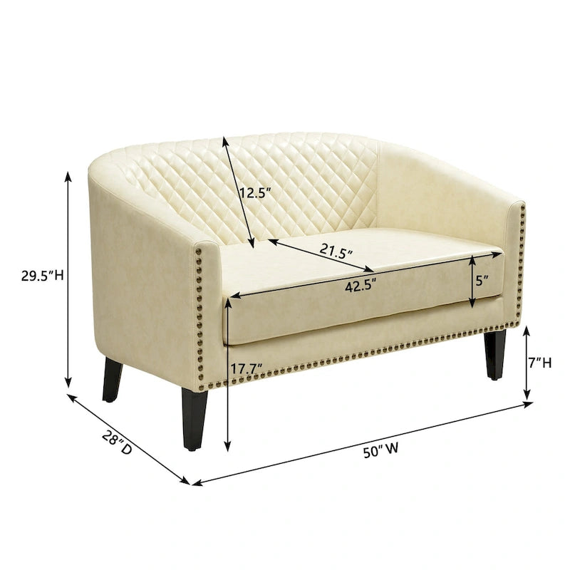 Causeuse touffetée en simili-cuir en forme de tonneau de 50" avec rivets en laiton