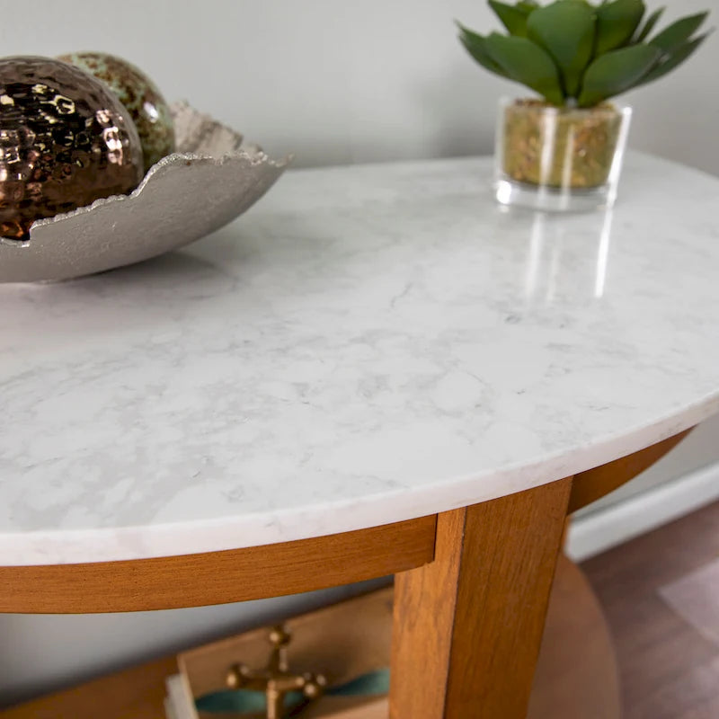Console avec plateau à effet marbre à deux niveaux et étagère en bois