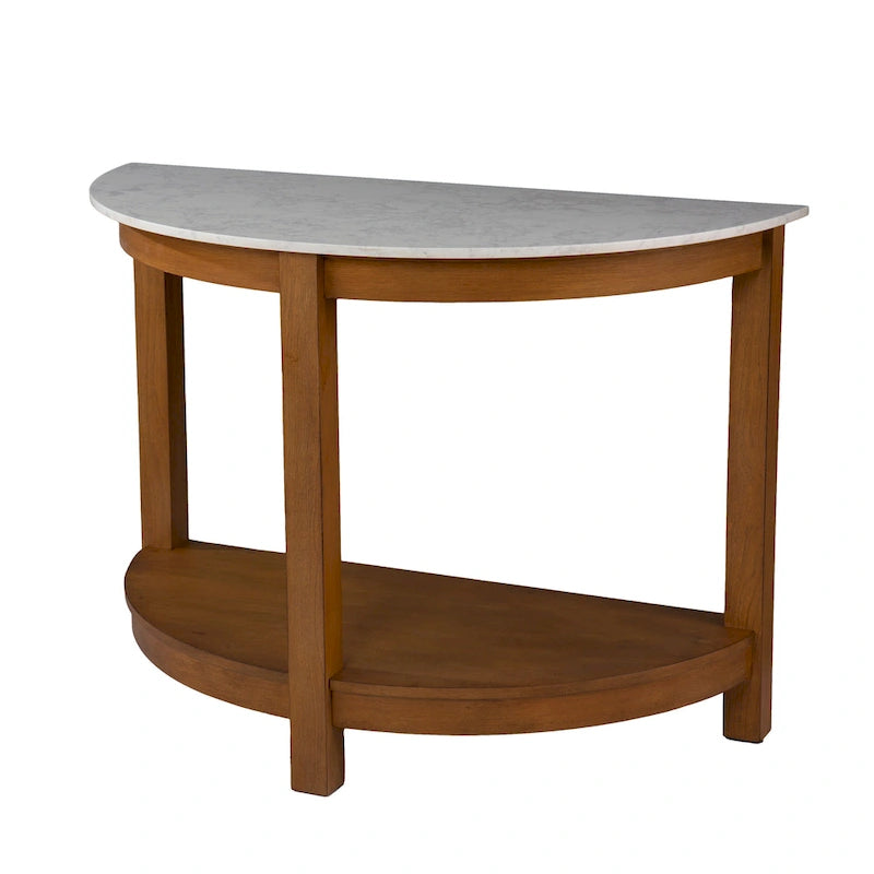 Console avec plateau à effet marbre à deux niveaux et étagère en bois