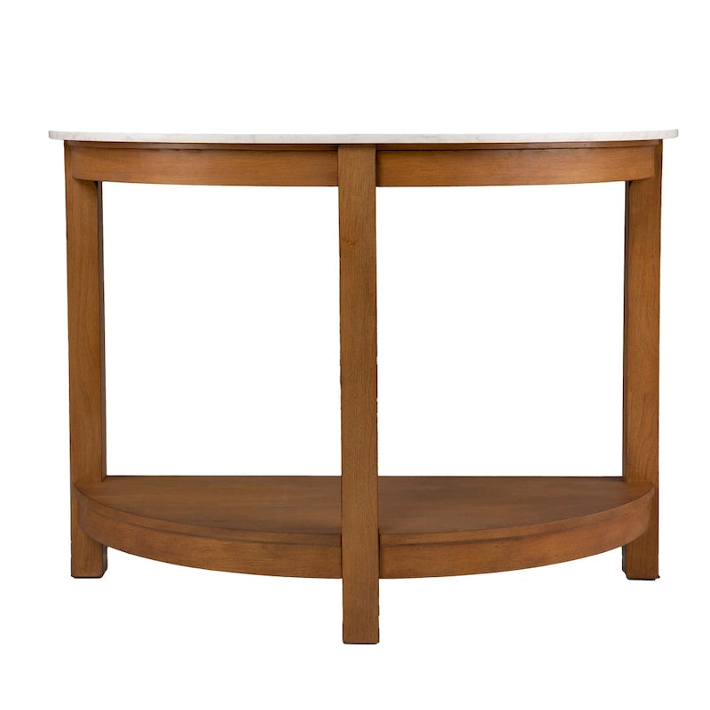 Console avec plateau à effet marbre à deux niveaux et étagère en bois