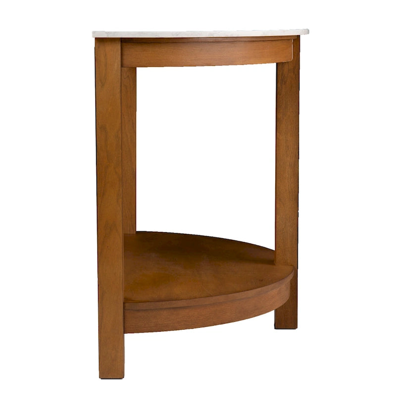 Console avec plateau à effet marbre à deux niveaux et étagère en bois