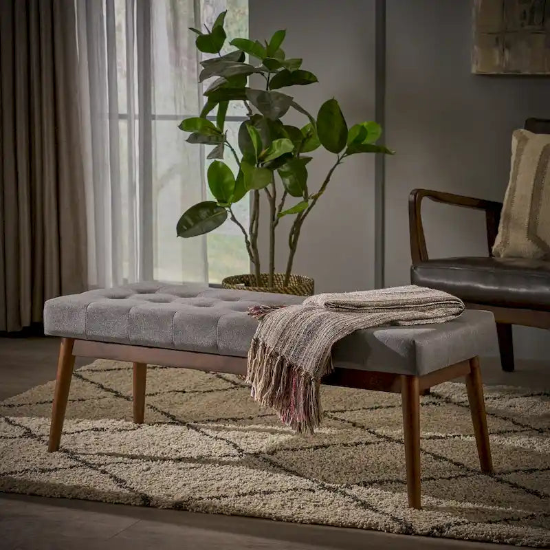 Banc ottoman capitonné en tissu | Cadre en bois d'hévéa