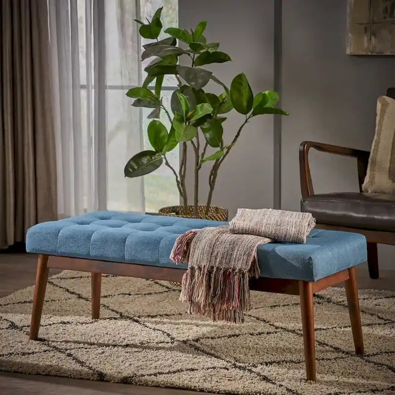 Banc ottoman capitonné en tissu | Cadre en bois d'hévéa