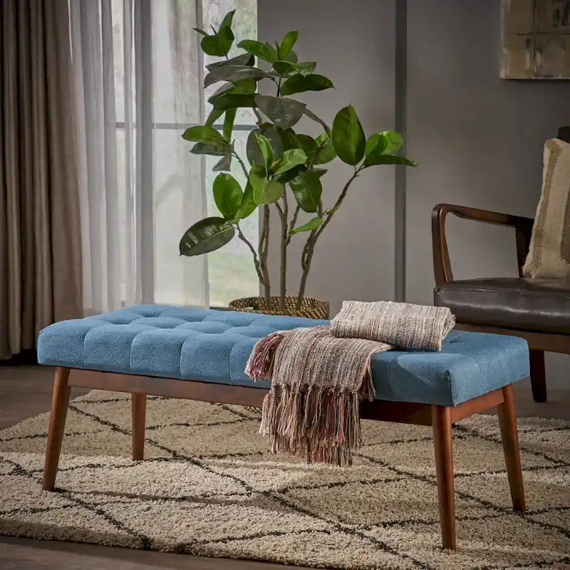 Banc ottoman capitonné en tissu | Cadre en bois d'hévéa