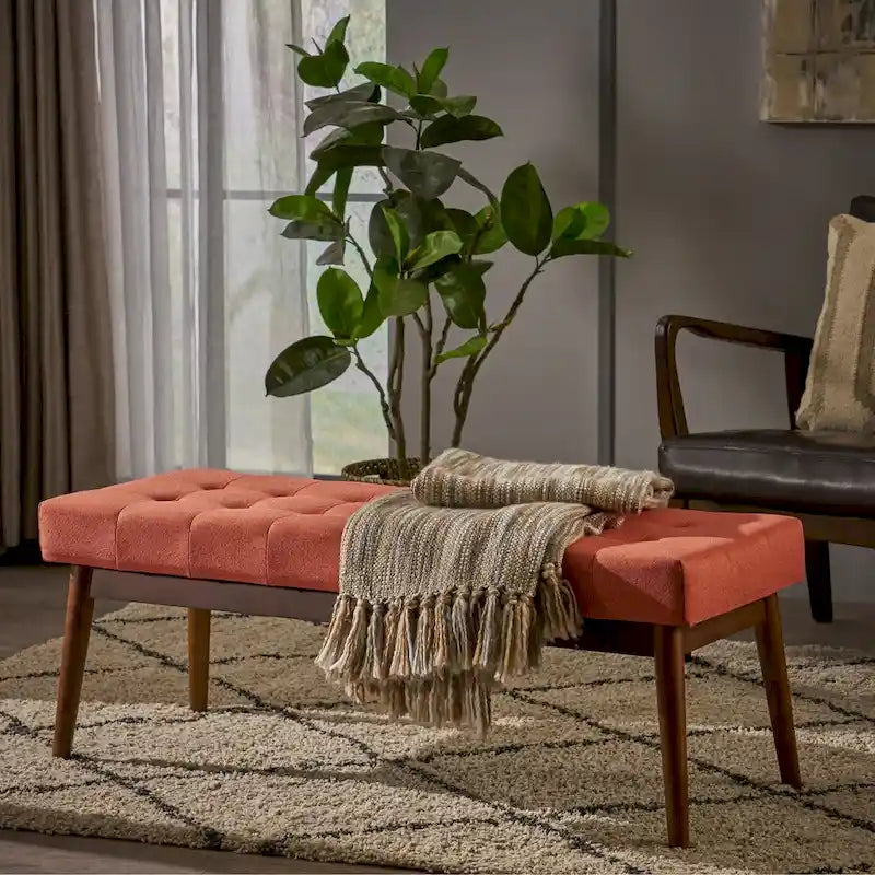 Banc ottoman capitonné en tissu | Cadre en bois d'hévéa