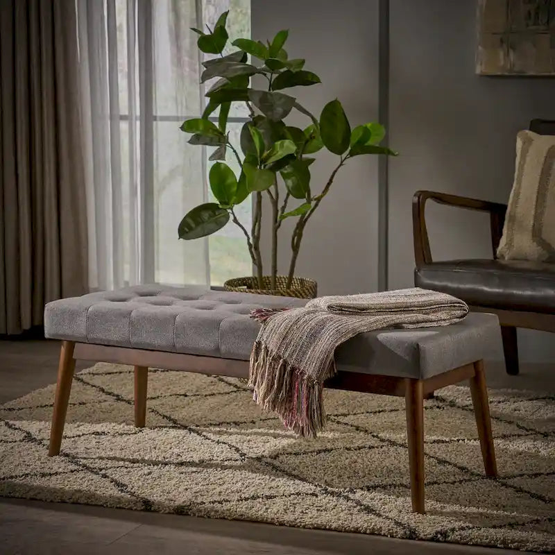 Banc ottoman capitonné en tissu | Cadre en bois d'hévéa