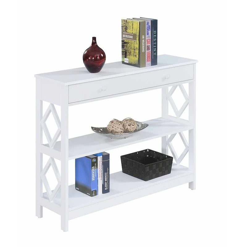Console 3 niveaux avec 1 tiroir et étagères ajourées motifs losanges