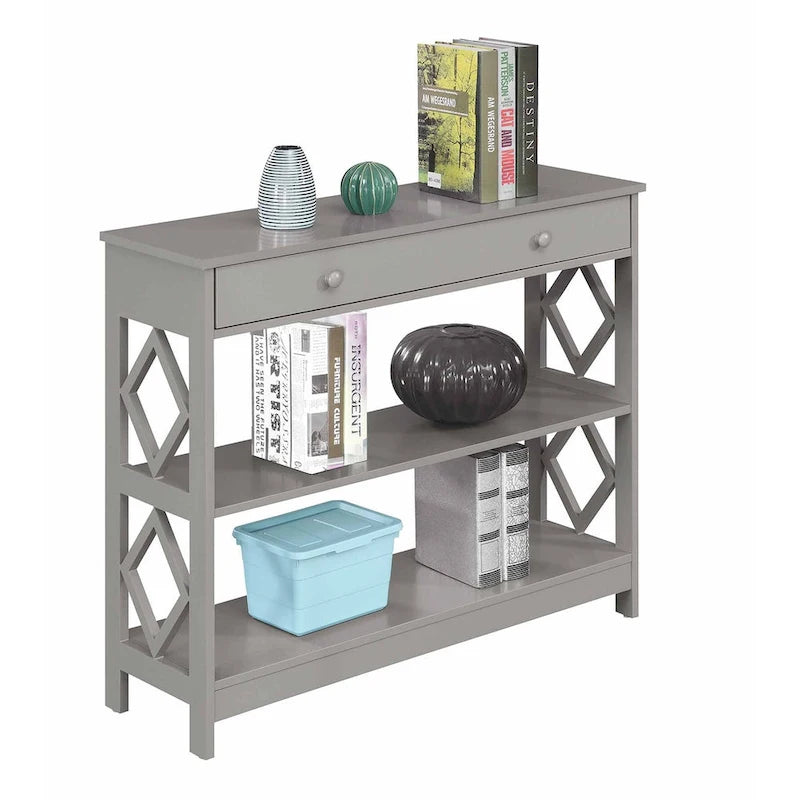 Console 3 niveaux avec 1 tiroir et étagères ajourées motifs losanges