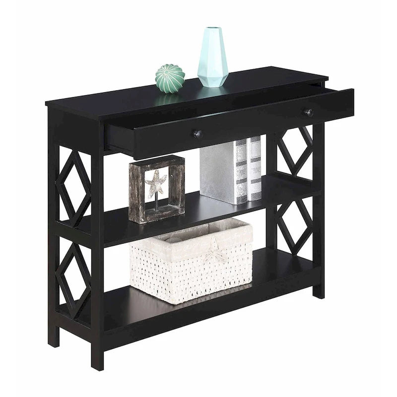 Console 3 niveaux avec 1 tiroir et étagères ajourées motifs losanges