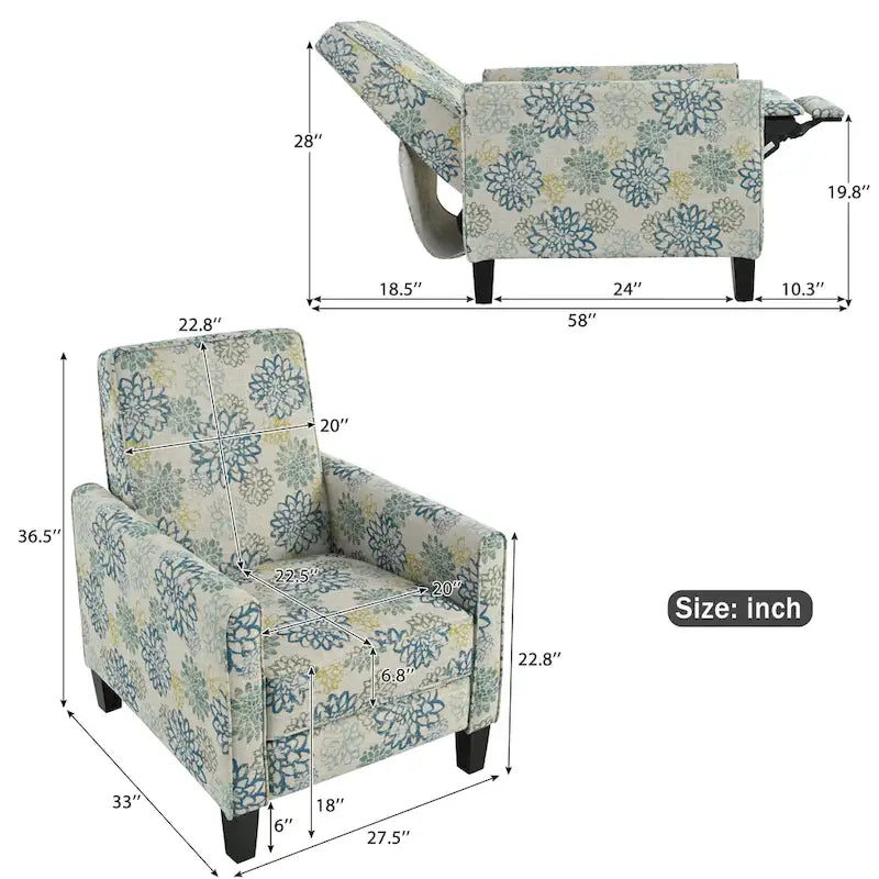 Fauteuil inclinable club fleuri beige clair et bleu