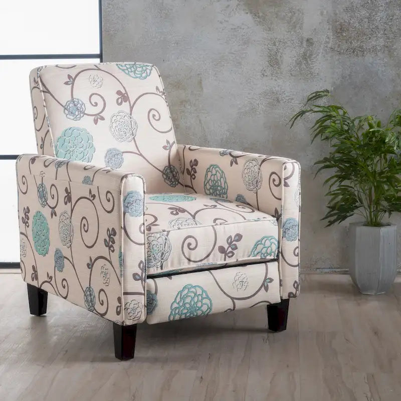Fauteuil inclinable club fleuri beige clair et bleu