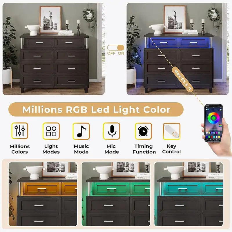 Commode 8 tiroirs avec lumières LED RGB et design à colonnes