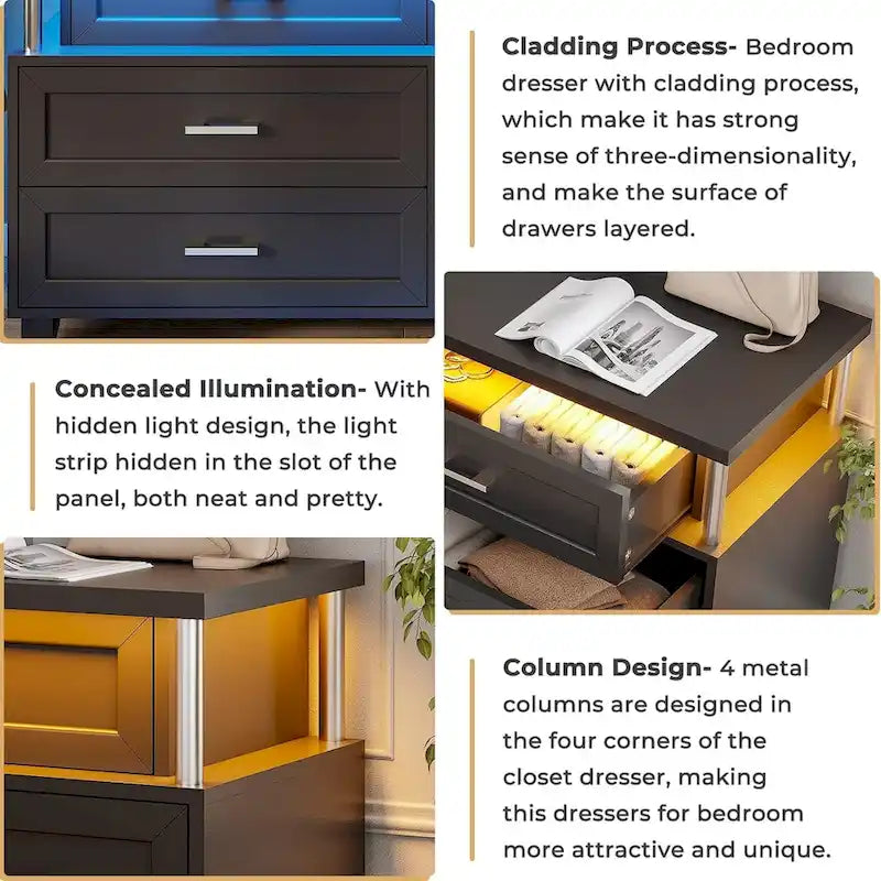 Commode 8 tiroirs avec lumières LED RGB et design à colonnes