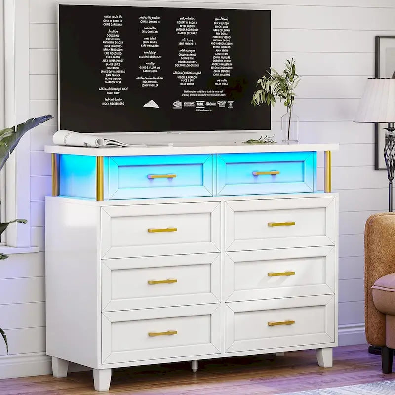 Commode 8 tiroirs avec lumières LED RGB et design à colonnes