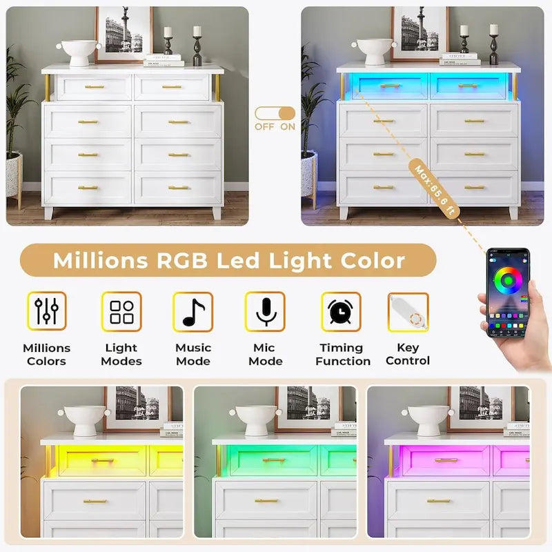 Commode 8 tiroirs avec lumières LED RGB et design à colonnes