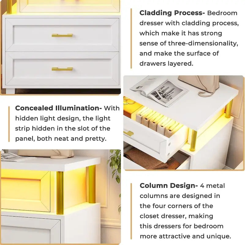 Commode 8 tiroirs avec lumières LED RGB et design à colonnes