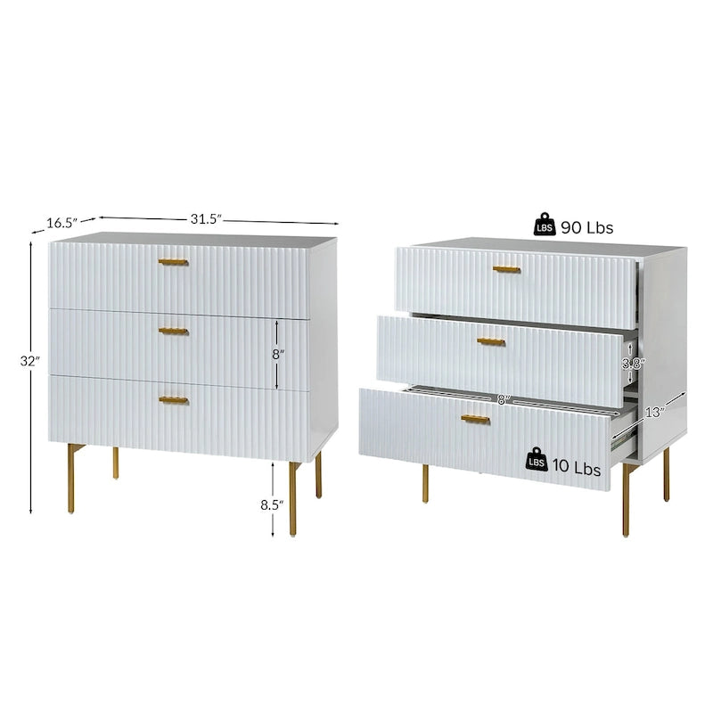 Table de chevet commode moderne à 3 tiroirs avec pieds en métal