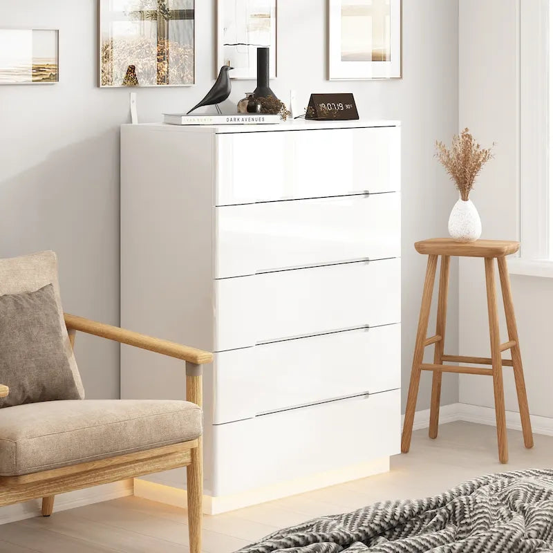 Commode haute brillance à 5 tiroirs avec éclairage LED et plateau spacieux