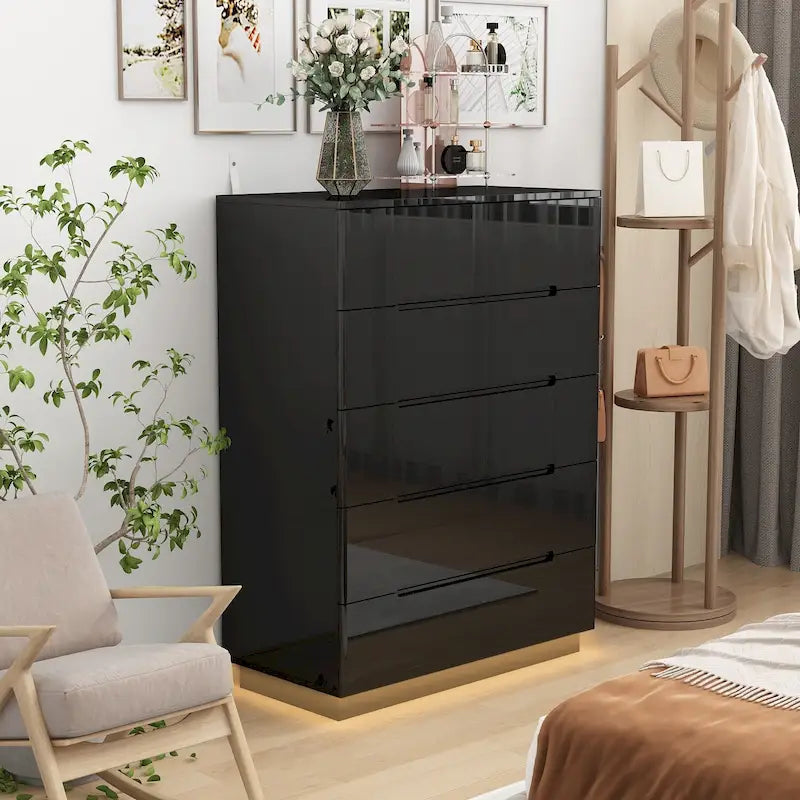 Commode haute brillance à 5 tiroirs avec éclairage LED et plateau spacieux