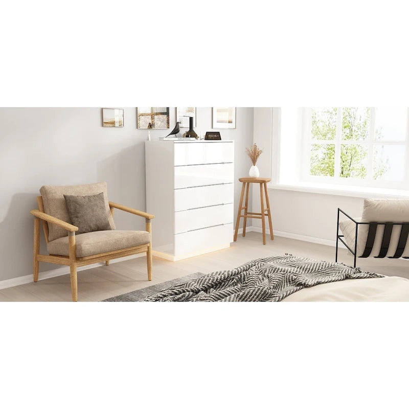 Commode haute brillance à 5 tiroirs avec éclairage LED et plateau spacieux