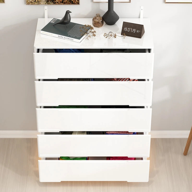 Commode haute brillance à 5 tiroirs avec éclairage LED et plateau spacieux