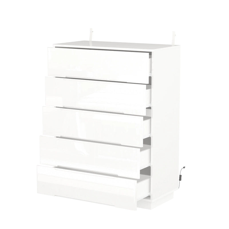 Commode haute brillance à 5 tiroirs avec éclairage LED et plateau spacieux