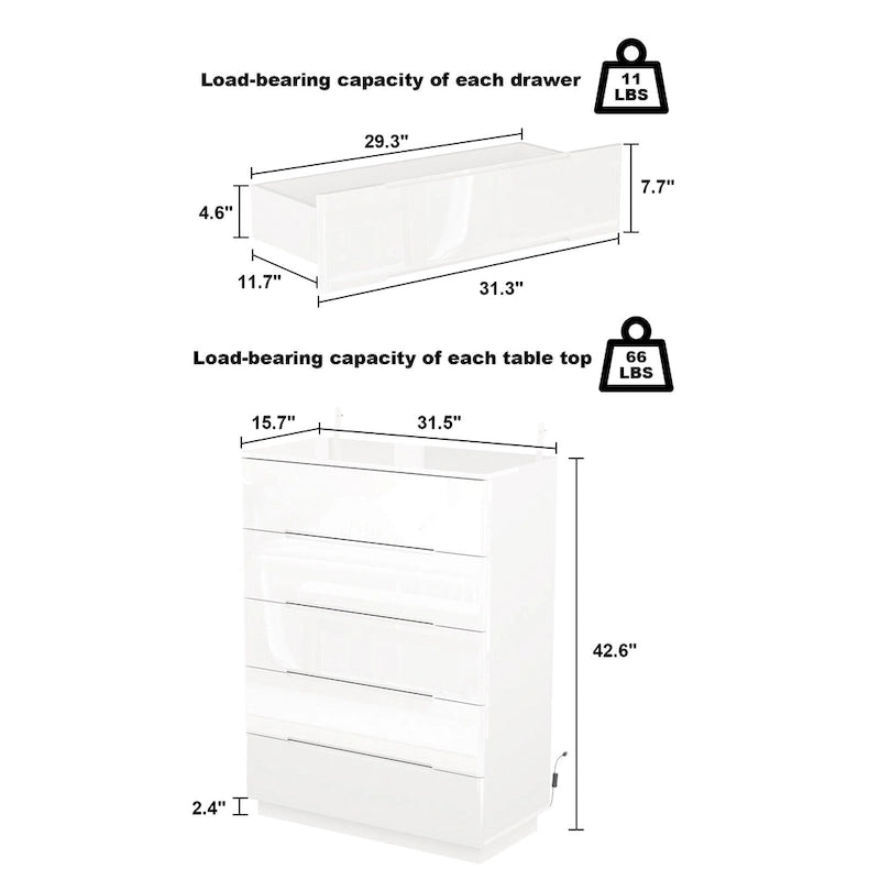 Commode haute brillance à 5 tiroirs avec éclairage LED et plateau spacieux
