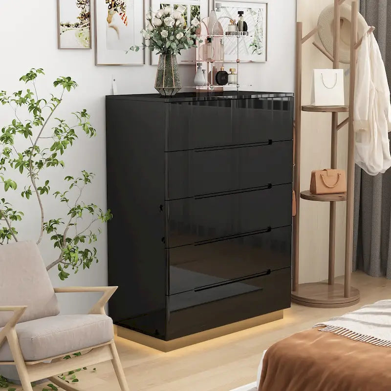 Commode haute brillance à 5 tiroirs avec éclairage LED et plateau spacieux