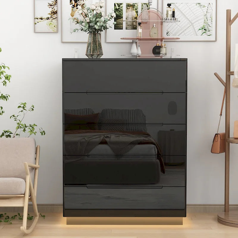 Commode haute brillance à 5 tiroirs avec éclairage LED et plateau spacieux