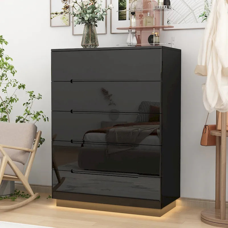 Commode haute brillance à 5 tiroirs avec éclairage LED et plateau spacieux