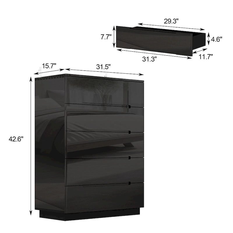 Commode haute brillance à 5 tiroirs avec éclairage LED et plateau spacieux