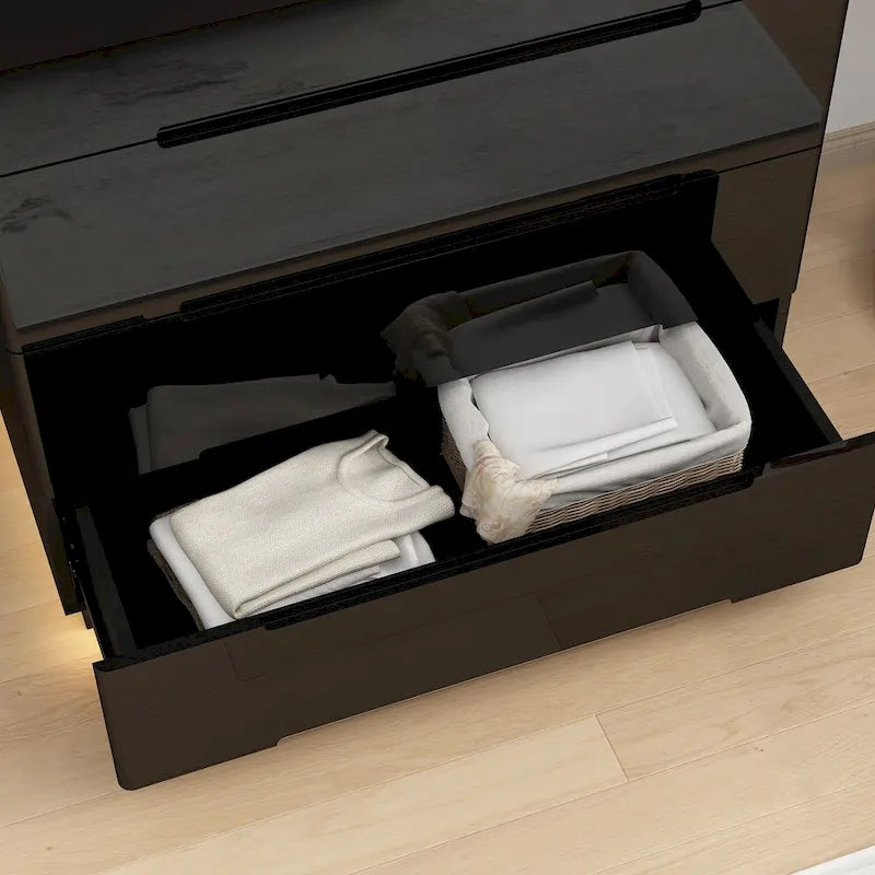 Commode haute brillance à 5 tiroirs avec éclairage LED et plateau spacieux