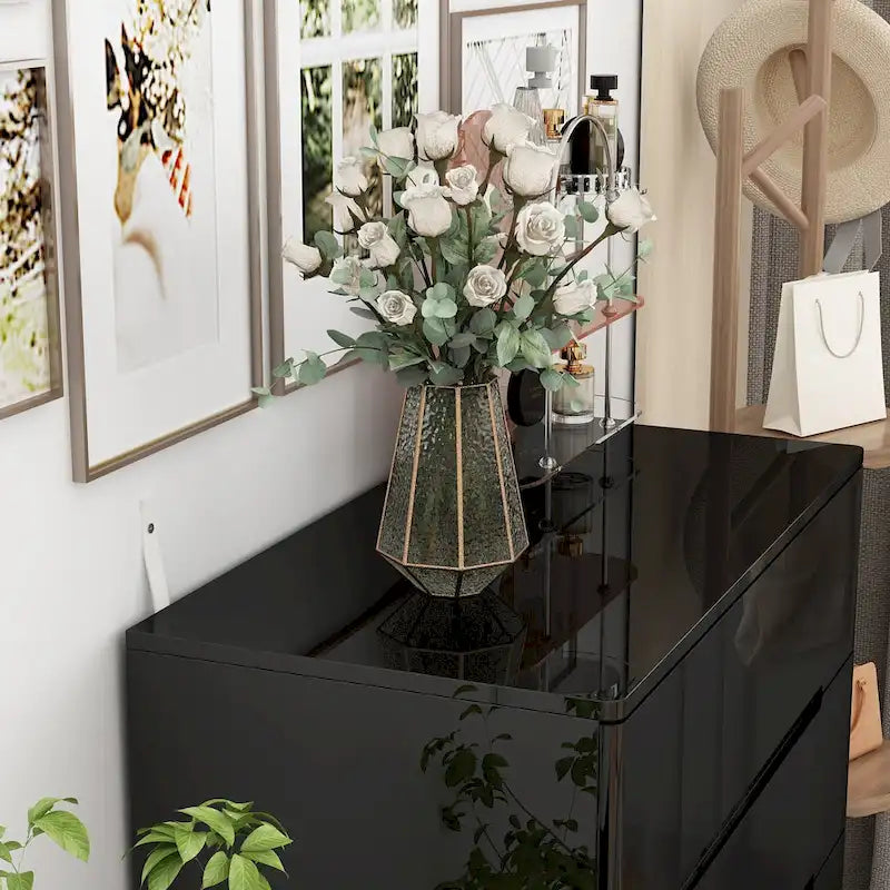 Commode haute brillance à 5 tiroirs avec éclairage LED et plateau spacieux