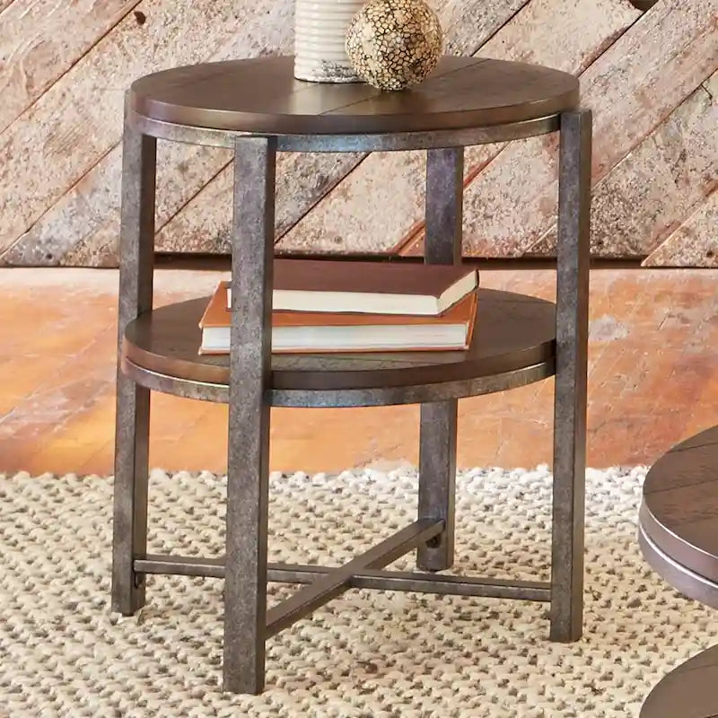 Table d'appoint ronde en peuplier rustique et métal étain