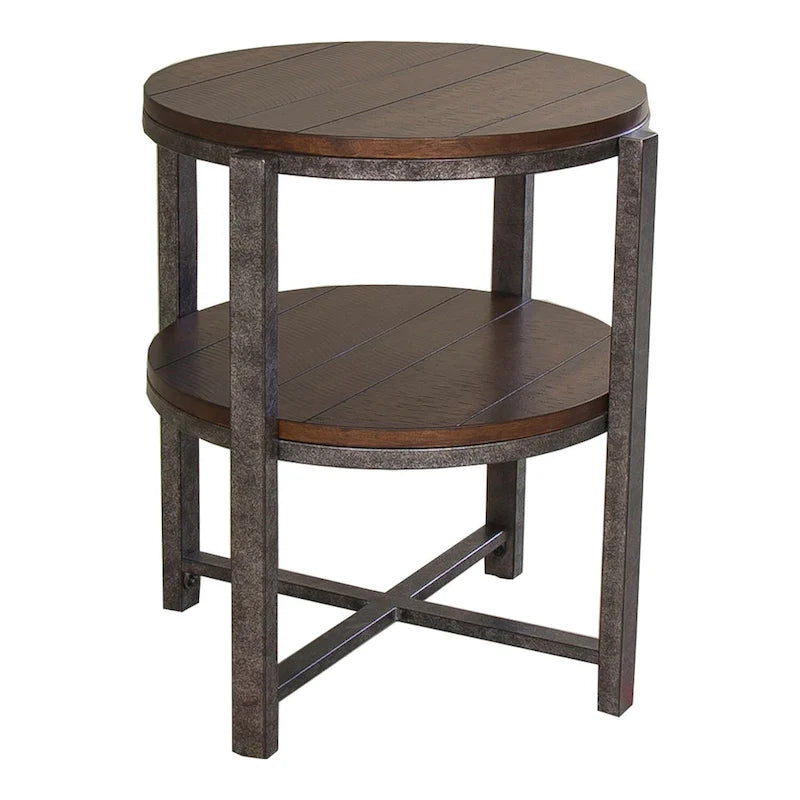 Table d'appoint ronde en peuplier rustique et métal étain