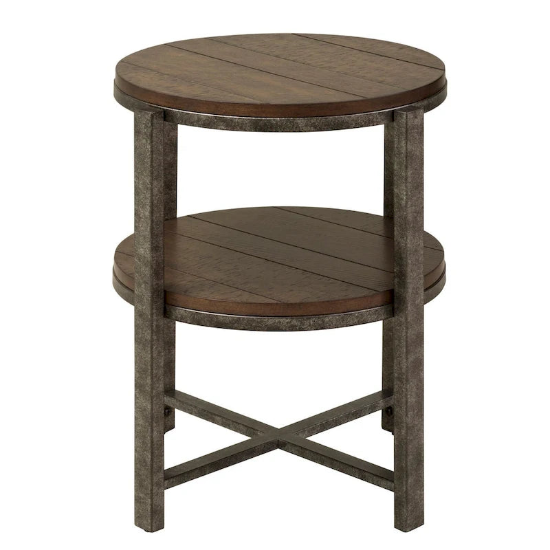 Table d'appoint ronde en peuplier rustique et métal étain