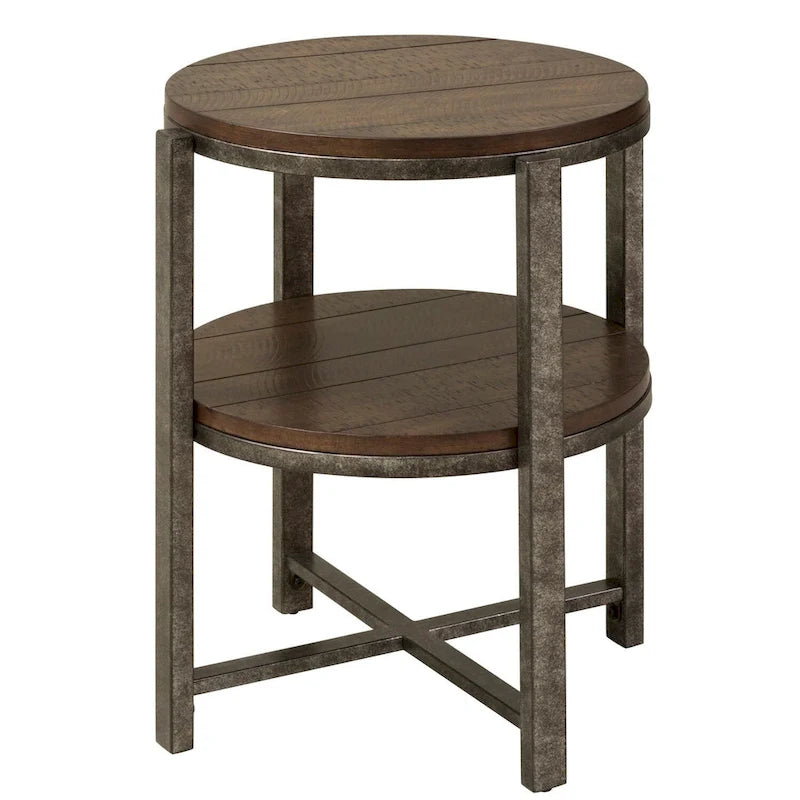 Table d'appoint ronde en peuplier rustique et métal étain